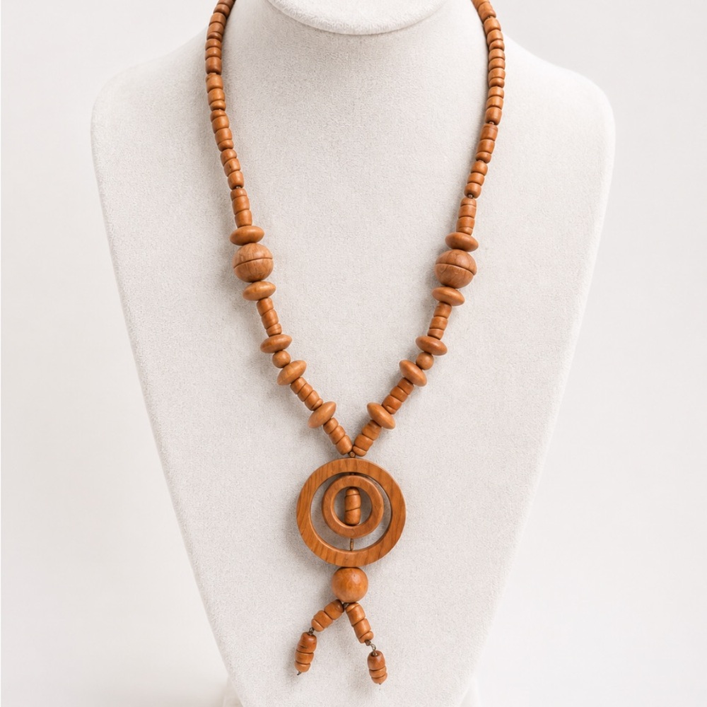 Boho Wooden Beaded Statement Necklace with Geometric Circle Pendant